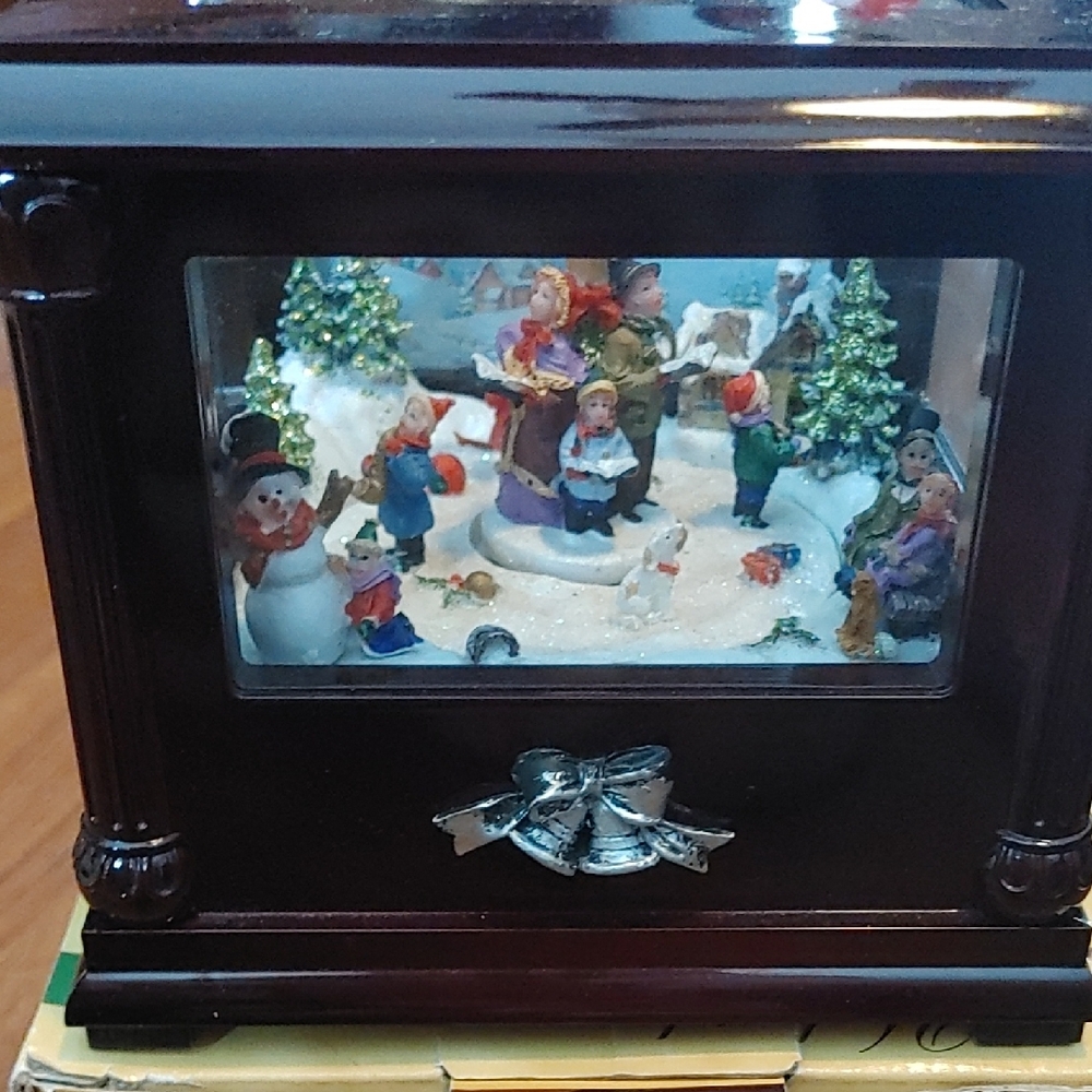 Wooden Musical Snow Scene Box with Holiday Figurines